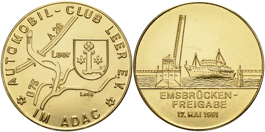 Германия медаль 1991 АВТОМОБИЛЬНОГО КЛУБА ADAC, В ПАМЯТЬ ОТКРЫТИЯ ДВИЖЕНИЯ ПО РЕКЕ EMS, 17 МАЯ 1991 года, диаметр 50 мм. жёлтый металл 05-141-14