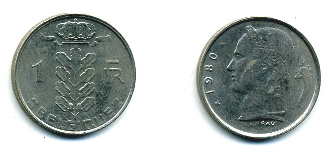 БЕЛЬГИЯ 1 ФРАНК 1980 BELGIQUE KM 142.1 медно-никель 25-1425