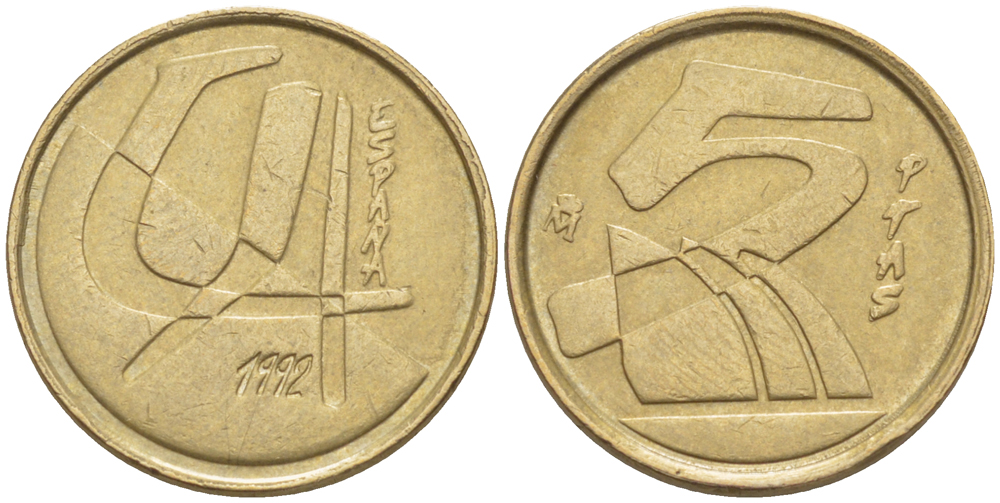 Испания 5 песет 1992 Хуан Карлос I (1975-2014) KM 833 алюминиевая бронза 4181-1113