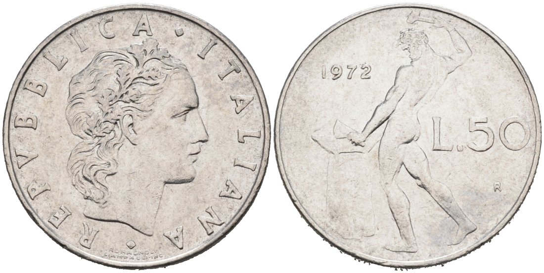 Италия 50 лир 1972 R, Бог огня Вулкан у наковальни KM 95.1 нержавеющая сталь 4573-813