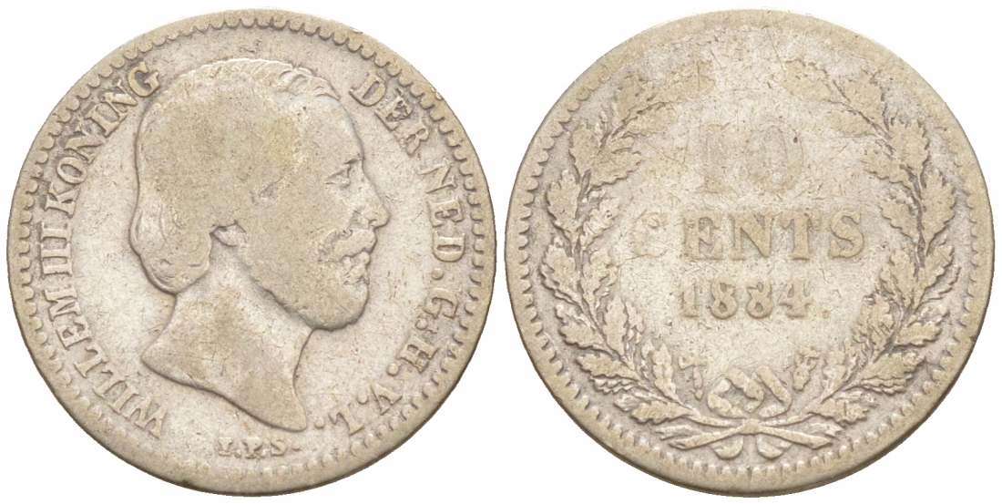 НИДЕРЛАНДЫ 10 ЦЕНТОВ 1884 ВИЛЬГЕЛЬМ III KM 80 серебро 44-1022