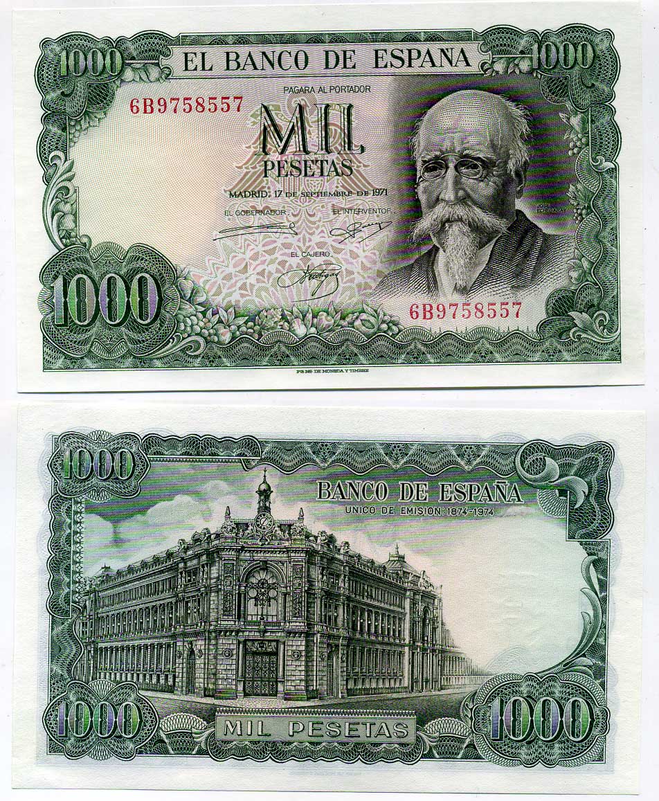 Испания 1000 песет 1971 (1974) Хосе Эчегерай-и-Эйсагирре, 100 лет со дня того, как Banco de España стал единственным банком-эмитентом (1874–1974) Pick 154 бумага UNC (пресс) 451-216-2