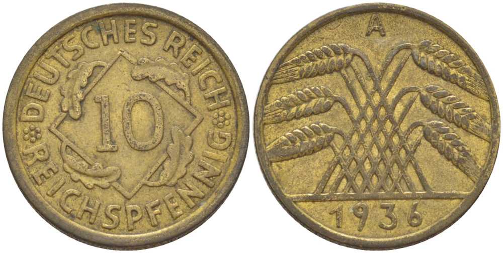 ГЕРМАНИЯ 10 РЕЙХСПФЕННИГОВ 1936 A KM 40, J. 317, Weege 9 алюминиевая бронза 210-424