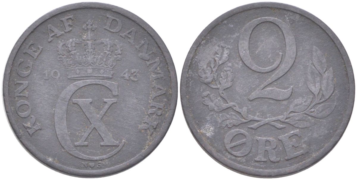 Дания 2 эре 1943 Фредерик IX (1947-1972) KM 833a цинк 4621-752