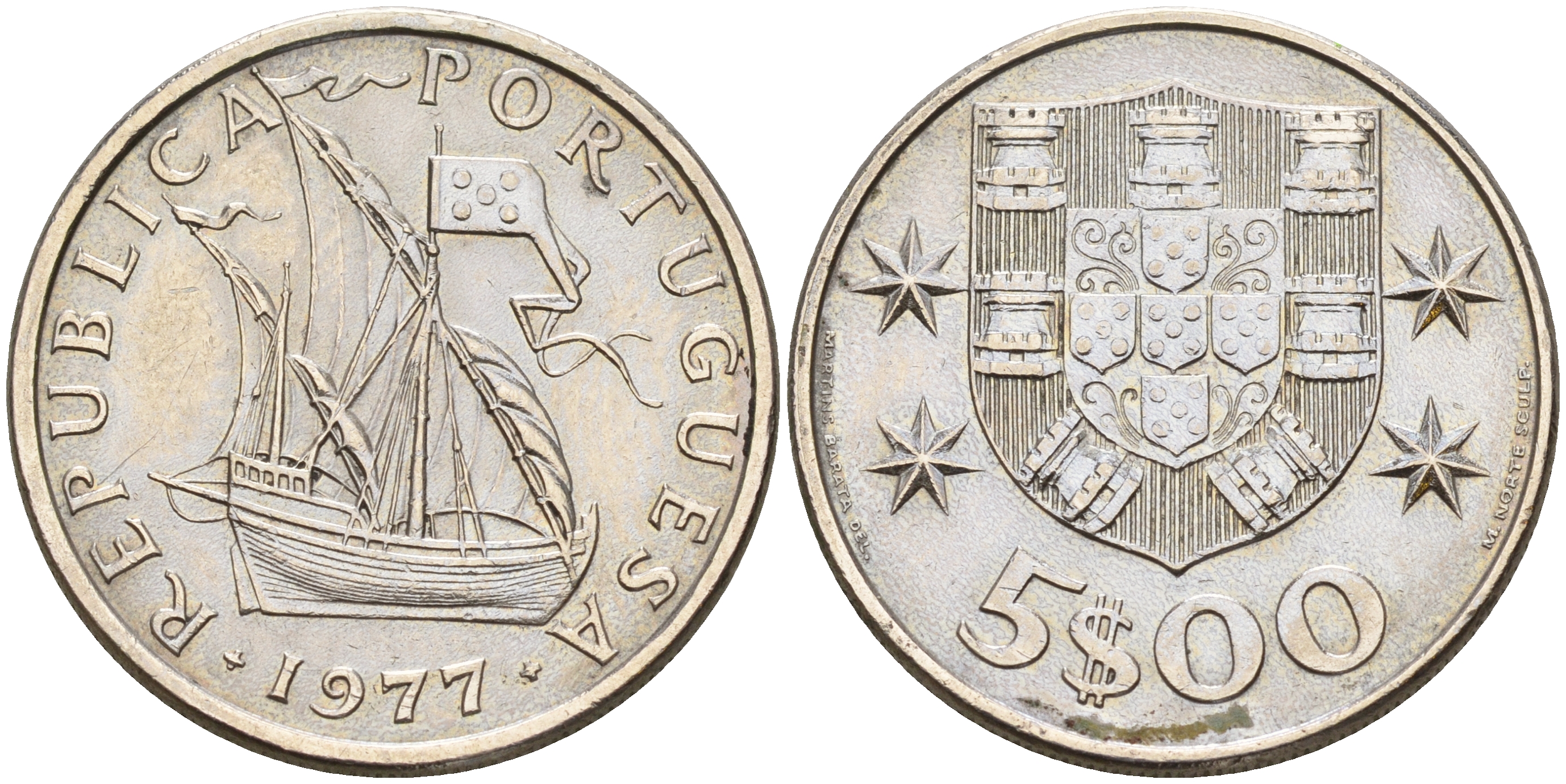 Португалия 5 эскудо 1977 парусник KM 591 медно-никель  UNC  4161-757