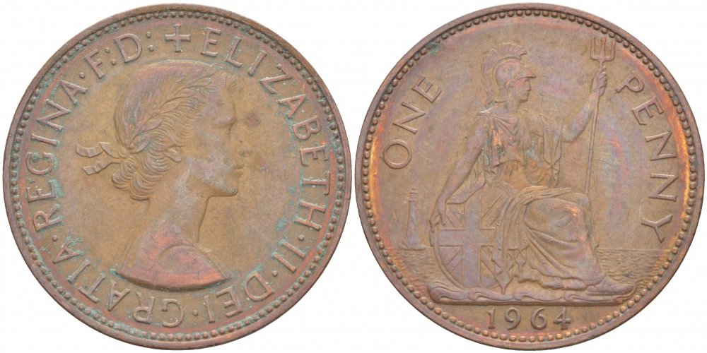 Великобритания 1 пенни 1963 Елизавета II (1952-2022) KM 897, Spink 4157 бронза 215-341