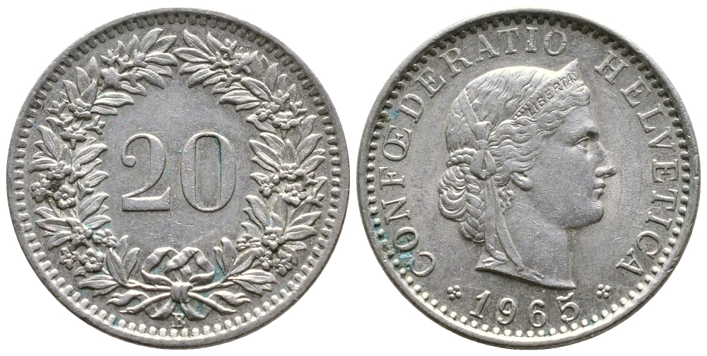 ШВЕЙЦАРИЯ 20 РАППЕНОВ 1965 В KM 29а медно-никель 26-244