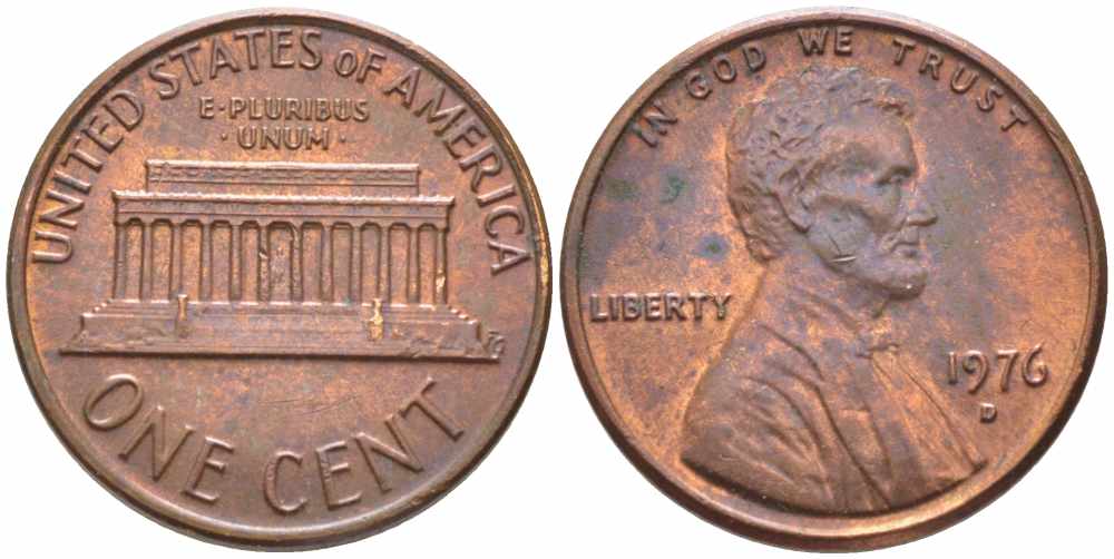 США 1 ЦЕНТ 1976 D, ЛИНКОЛЬН KM 201 медь цинк 112-417