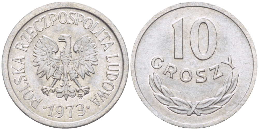 ПОЛЬША 10 ГРОШЕЙ 1973 MW KM AA47, Parchimowicz 206l алюминий UNC 4181-1131