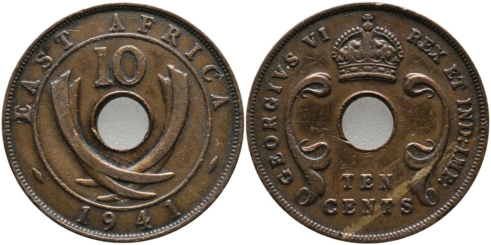 Британская Восточная Африка 10 центов 1941 I, Георг VI (1937-1952) KM 26.1 бронза 4542-544