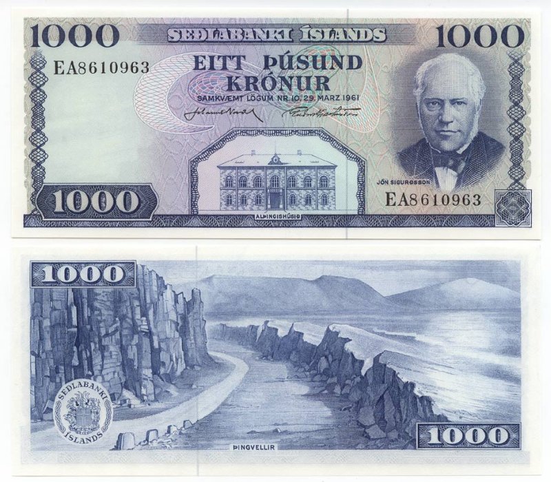 Исландия 1000 крон 1961 подпись 41, Йоун Сигурдссон, Тингведлир Pick 46 а (11) UNC (пресс) 00-00
