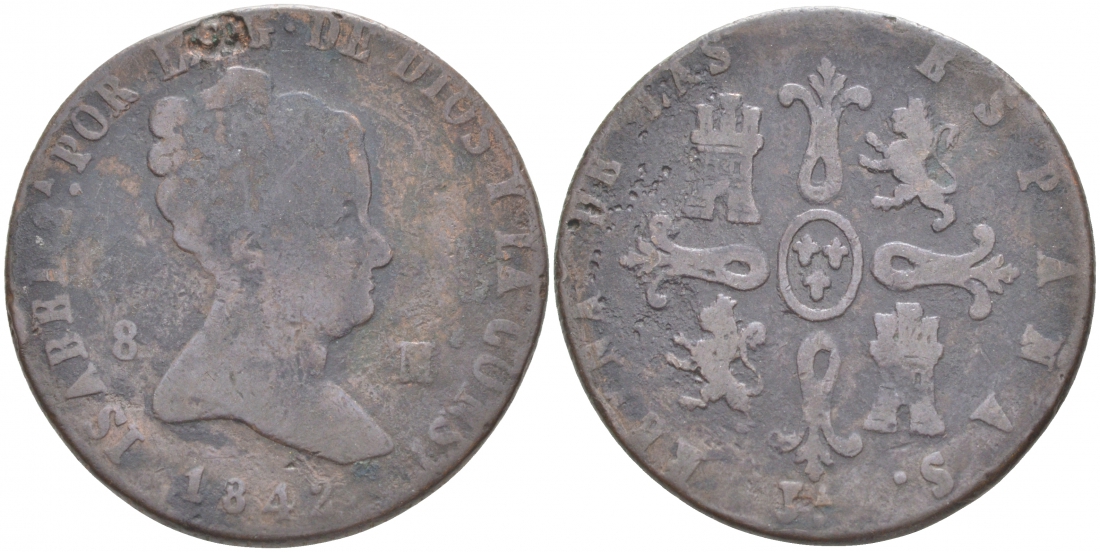 ИСПАНИЯ 8 МАРАВЕДИ 1842 ИЗАБЕЛЛА II KM 531.3 медь 3855-532