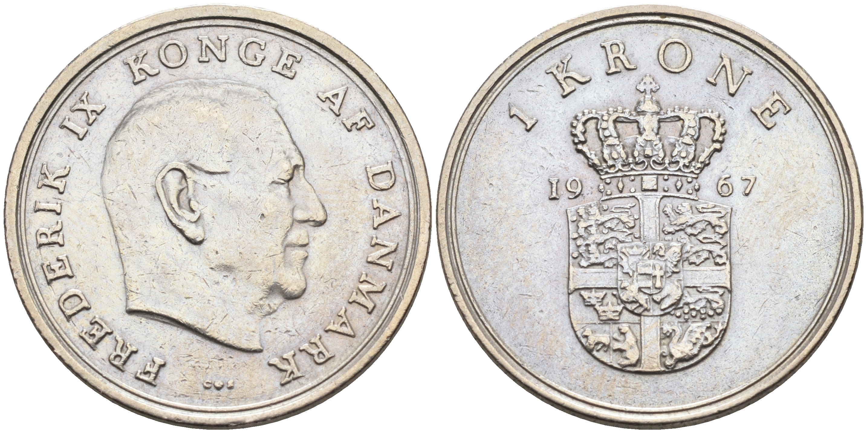 Дания 1 крона 1967 C. S, Фредерик IX (1947-1972) КМ 851.1 медно-никель    4177-313