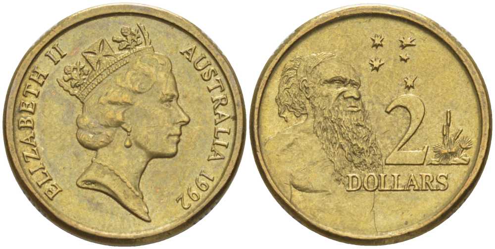 Австралия 2 доллара 1992 абориген, Елизавета II (1953-) KM 101 алюминиевая бронза 4395-1223