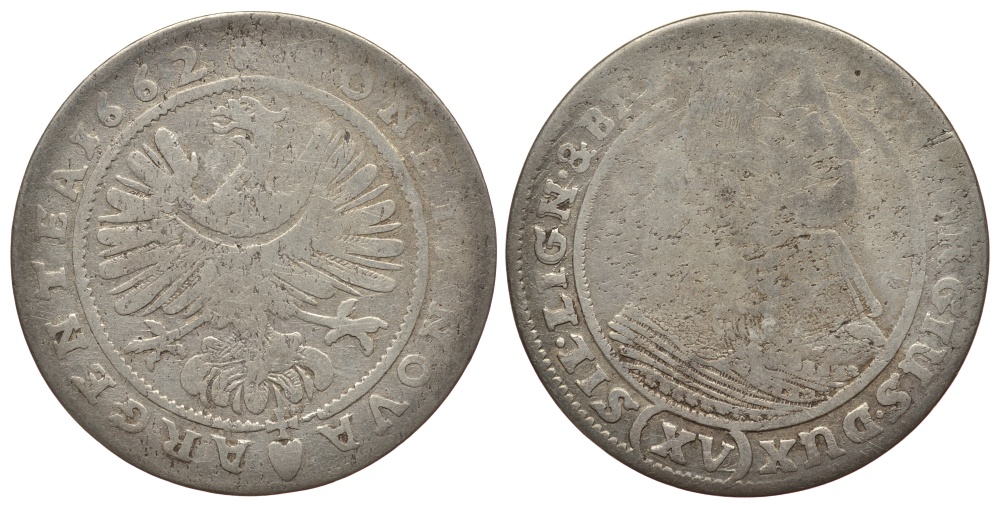 Силезия-Легница-Бжег 15 крейцеров 1662 Георг III (1639-1664) серебро 413-633