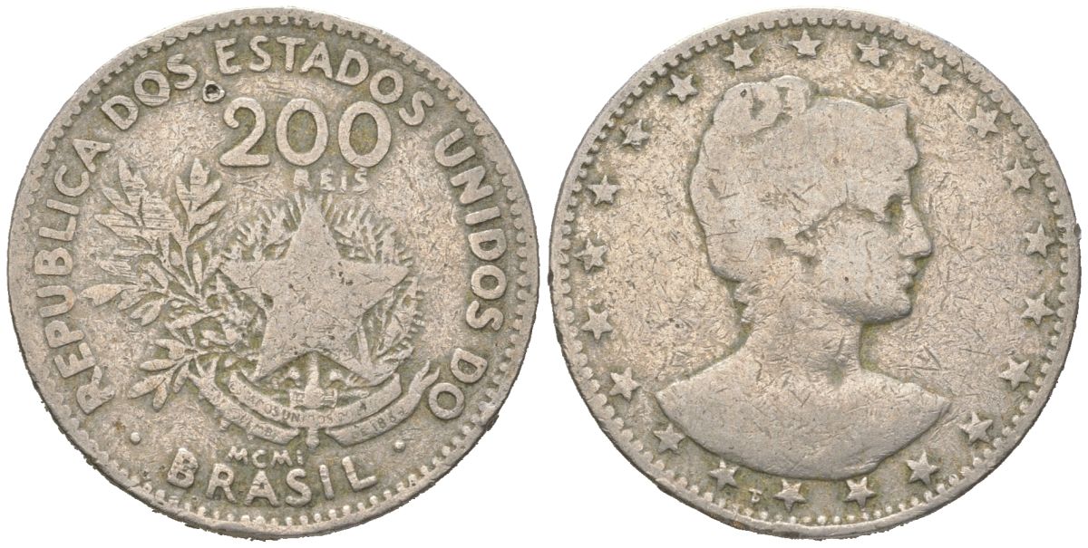 Бразилия 200 реалов 1901 MCMI, голова свободы вправо KM 504 медно-никель 4612-157