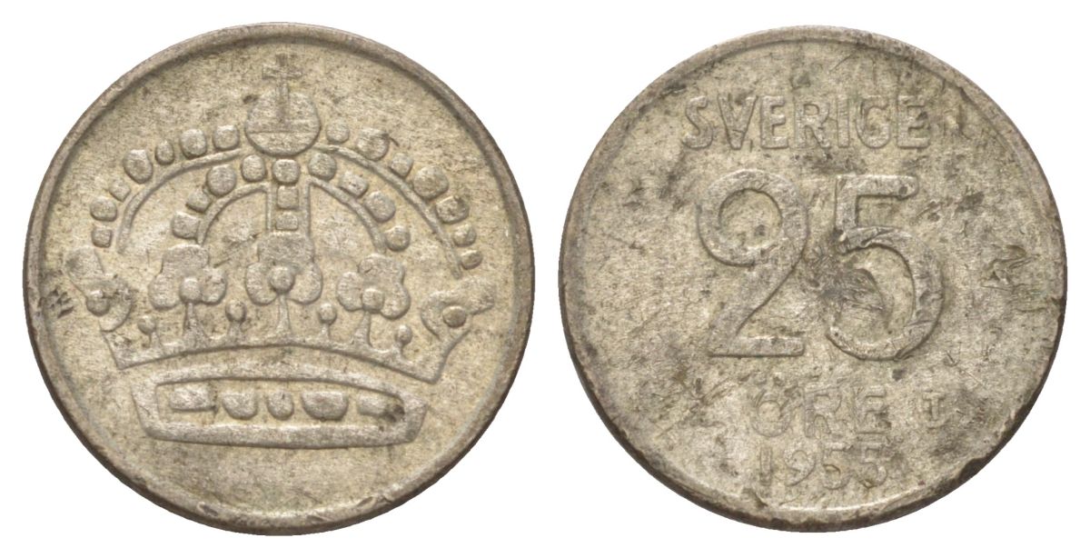 Швеция 25 эре 1955 Густав VI Адольф (1950-1973) KM 824 серебро 4625-426