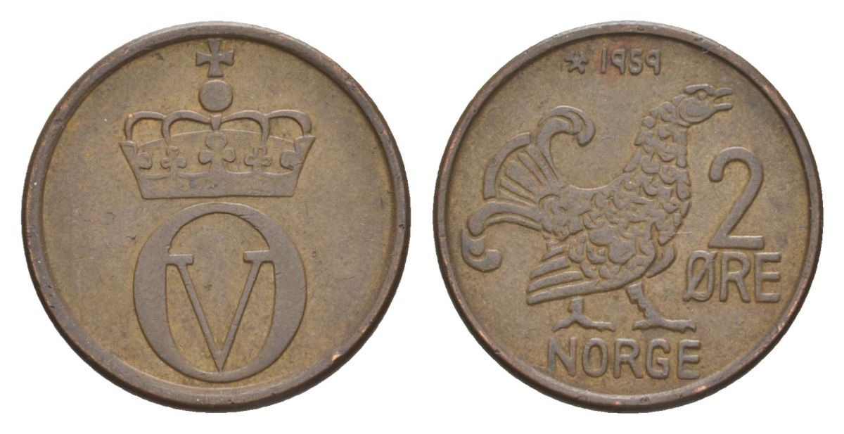 Норвегия 2 эре 1959 Улаф V (1957-1991) KM 410 бронза 4635-334