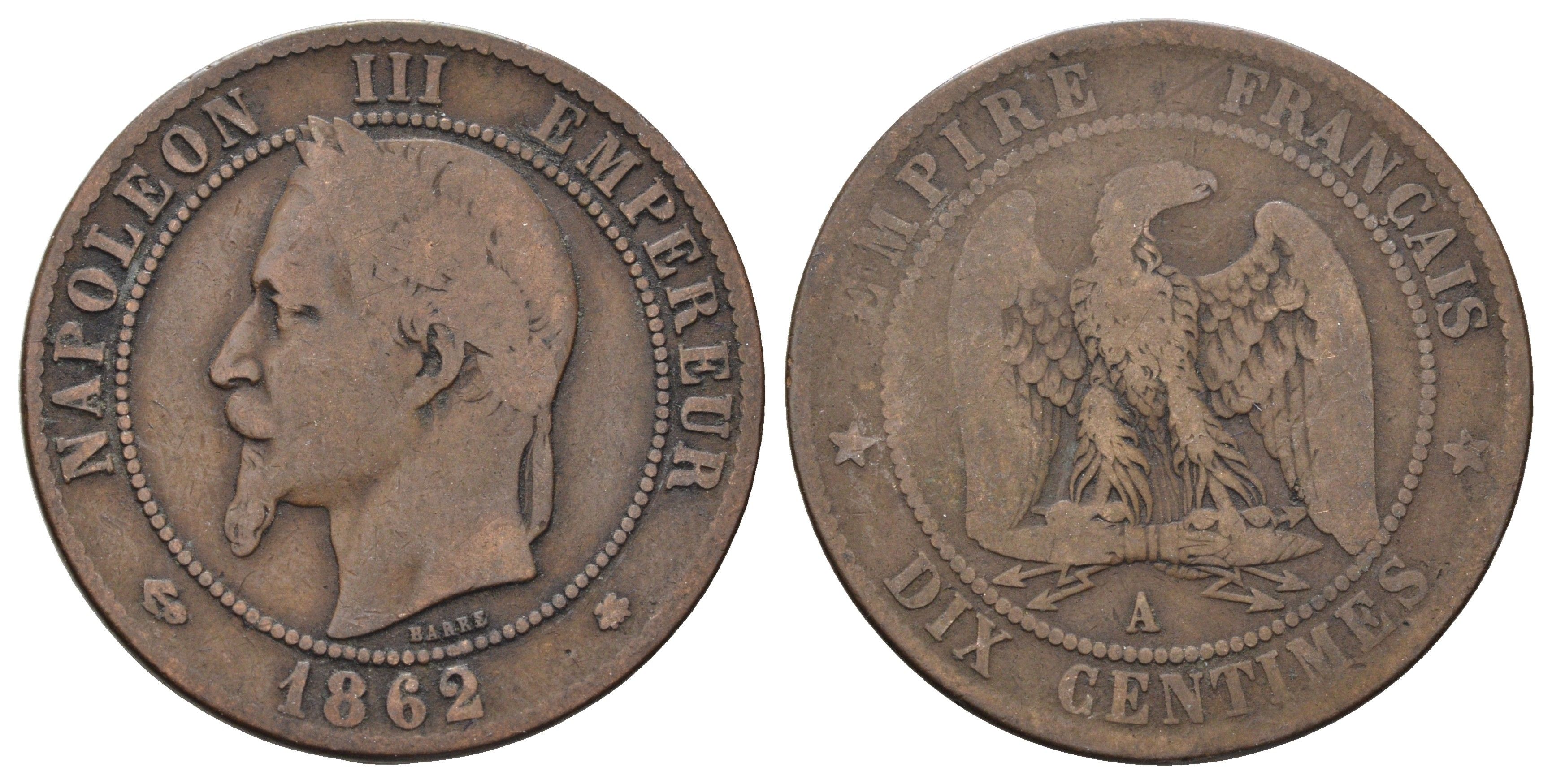 Франция 10 сантимов 1862 A, Наполеон III (1852-1870) KM 798 бронза 180-713