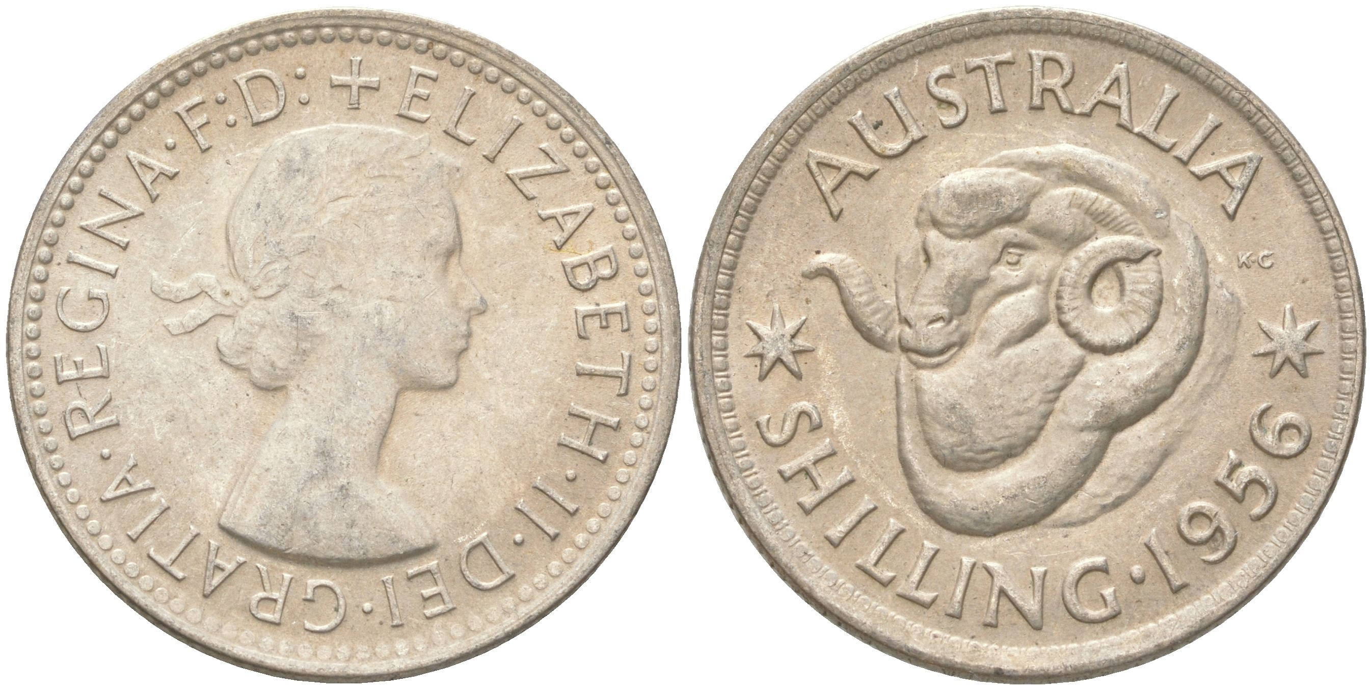 Австралия 1 шиллинг 1956 M, Елизавета II (1952-2022), овца меринос KM 59 серебро 4622-153