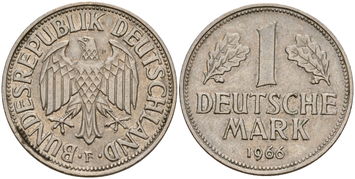 ФРГ 1 марка 1966 F KM 110, J. 385 медно-никель 4159-1055