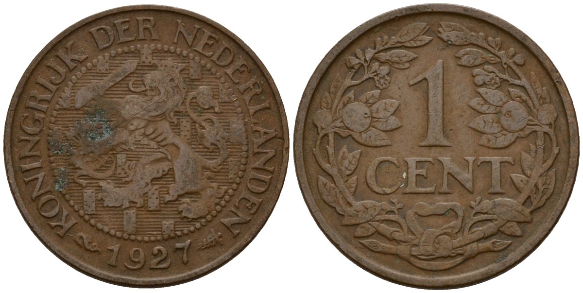 Нидерланды 1 цент 1927 Вильгельмина I (1890-1948) KM 152 бронза 4154-915