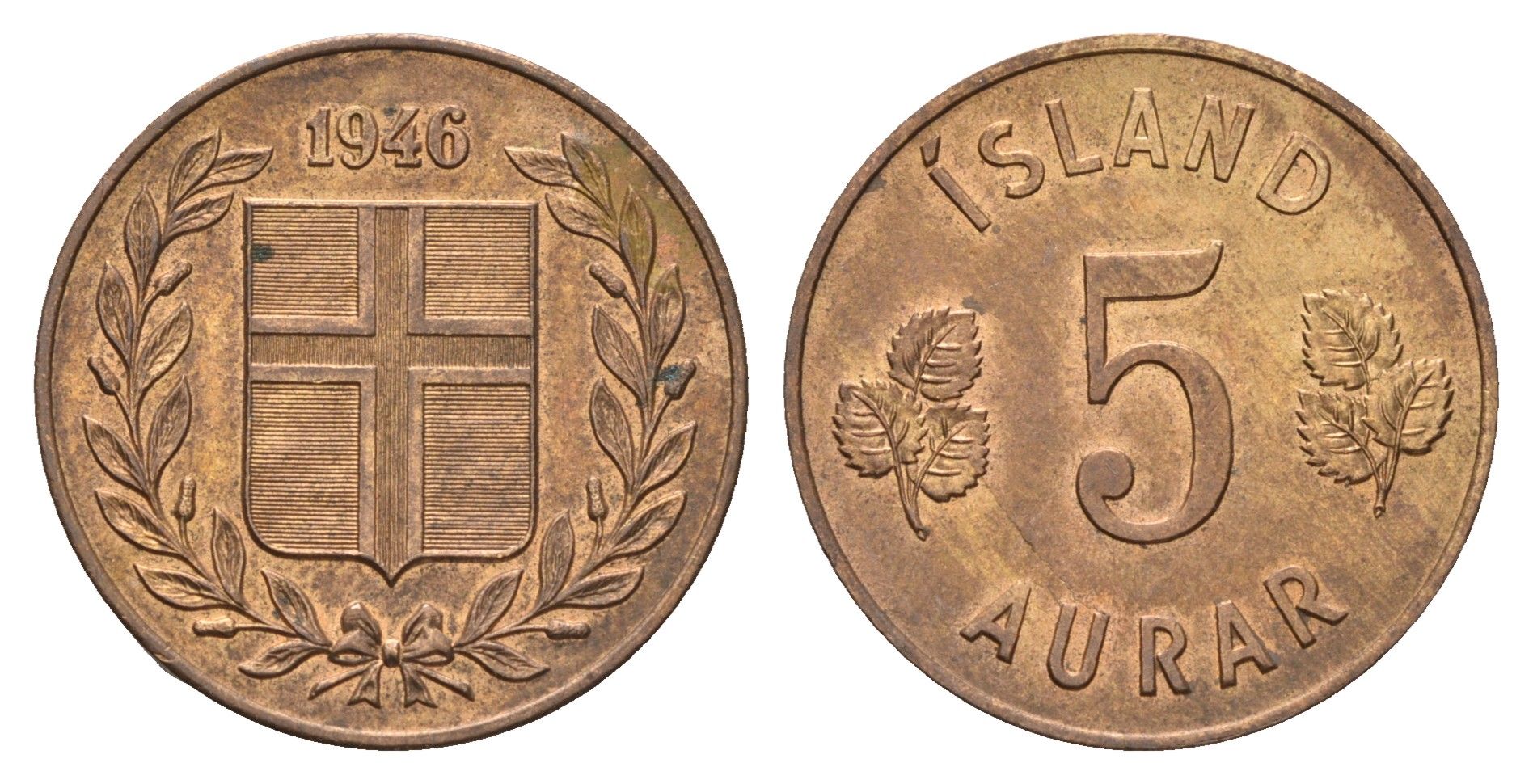 Исландия 5 эйре 1946 KM 9 бронза UNC 4691-323