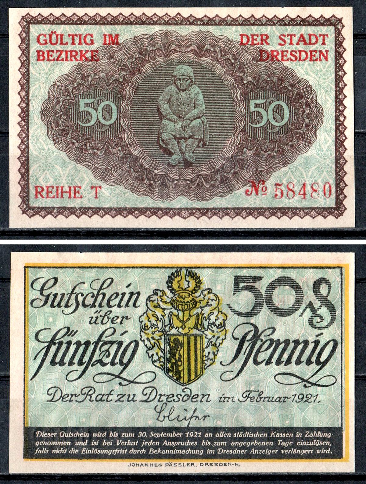 Дрезден (Саксония) 50 пфеннигов 1921 Mehl Grabowski D30.3 бумага UNC (пресс) 7555-55-3-2