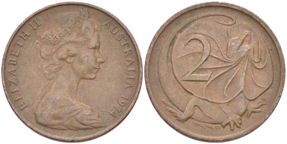 АВСТРАЛИЯ 2 ЦЕНТА 1974 ЕЛИЗАВЕТА II, МОЛОДОЙ ПОРТРЕТ, ПЛАЩЕНОСНАЯ ЯЩЕРИЦА (FRILLED LIZARD) KM 63 бронза 175-256
