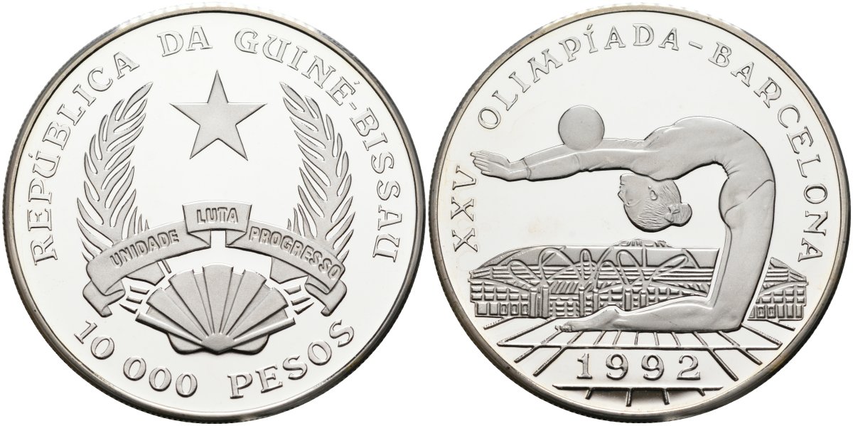Гвинея-Бисау 10000 песо 1992 XXV Олимпийские игры 1992 года в Барселоне, гимнастка, гимнастка с мячем KM 30 серебро PROOF 1098-2-32