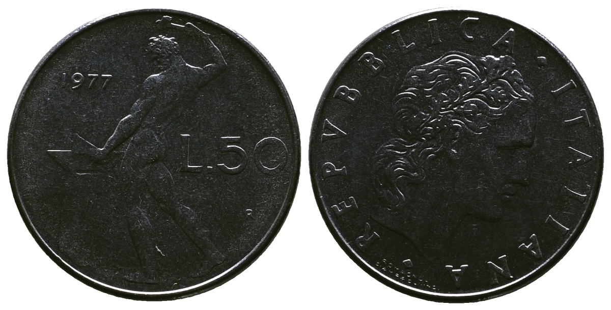 ИТАЛИЯ 50 ЛИР 1977 R, БОГ ОГНЯ ВУЛКАН У НАКОВАЛЬНИ KM 95.1 нержавеющая сталь 4384-1122
