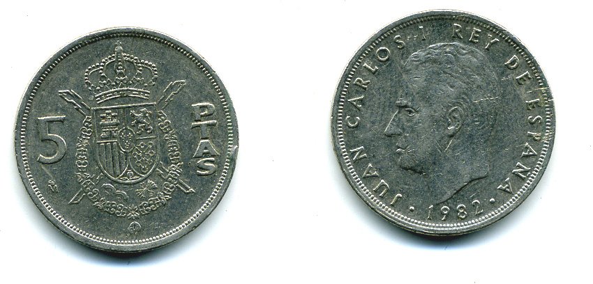 ИСПАНИЯ 5 ПЕСЕТ 1982 ХУАН КАРЛОС I KM 823 медно-никель 51-4446