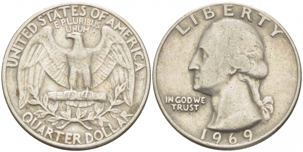 США 25 центов (квотер) 1969 Вашингтон KM 164a медь плакированная медно-никелем 3457-747