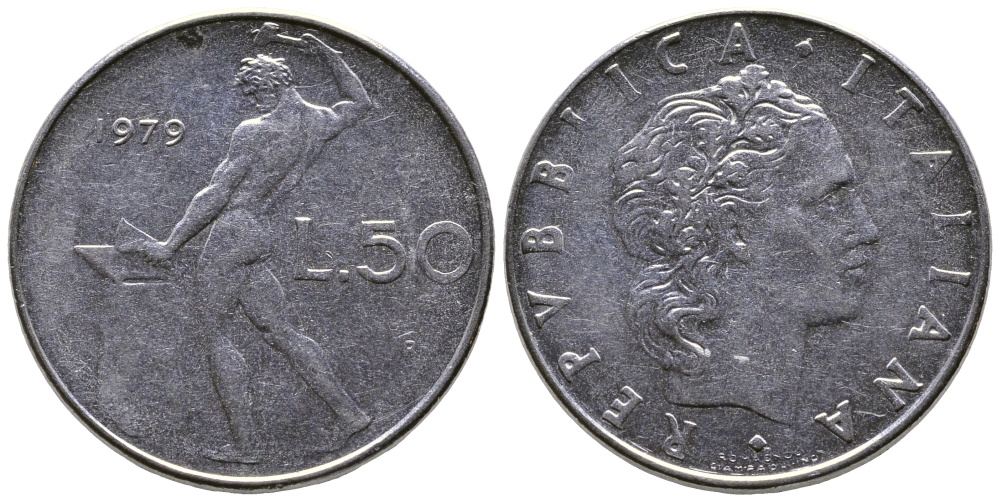 Италия 50 лир 1979 R, бог огня Вулкан у наковальни KM 95.1 нержавеющая сталь    4606-136