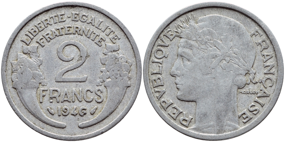 ФРАНЦИЯ 2 ФРАНКА 1946 KM 886а.1 алюминий 4397-736