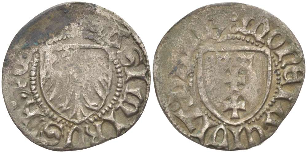 Данциг 1 шиллинг (шеляг) 1442-1495 Казимир IV династия Ягеллонов (1442-1495), вес 1,2 гр. Kopicki 7224 серебро 1517-442