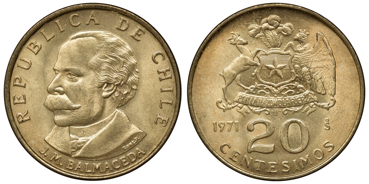 Чили 20 сентесимо 1971 KM 195 алюминиевая бронза aUNC M54-11