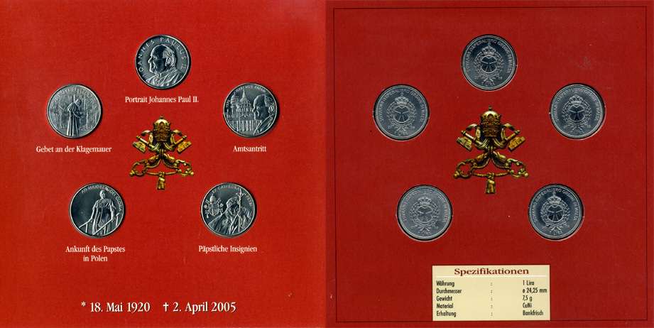 Мальтийский Орден набор из 5 монет по 1 лире 2005 на смерть Папы Иоанна Павла II (18 мая 1920 - 2 апреля 2005), в картонном буклете медно-никель UNC 00-00