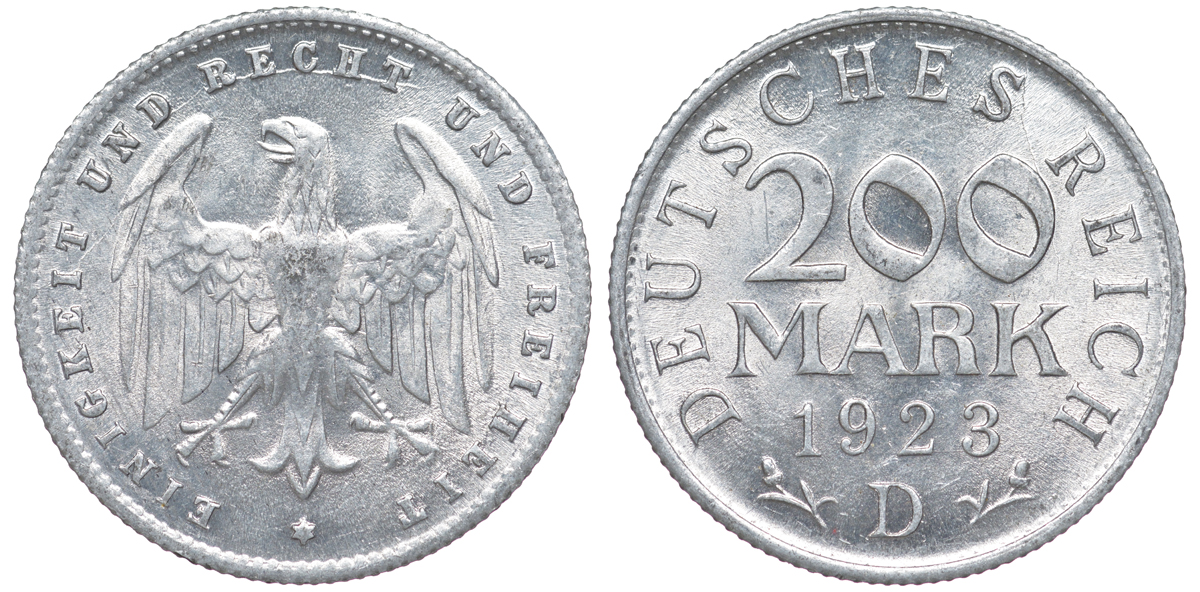 Германия 200 марок 1923 D KM 35, J. 304, Weege 22 алюминий 4604-611