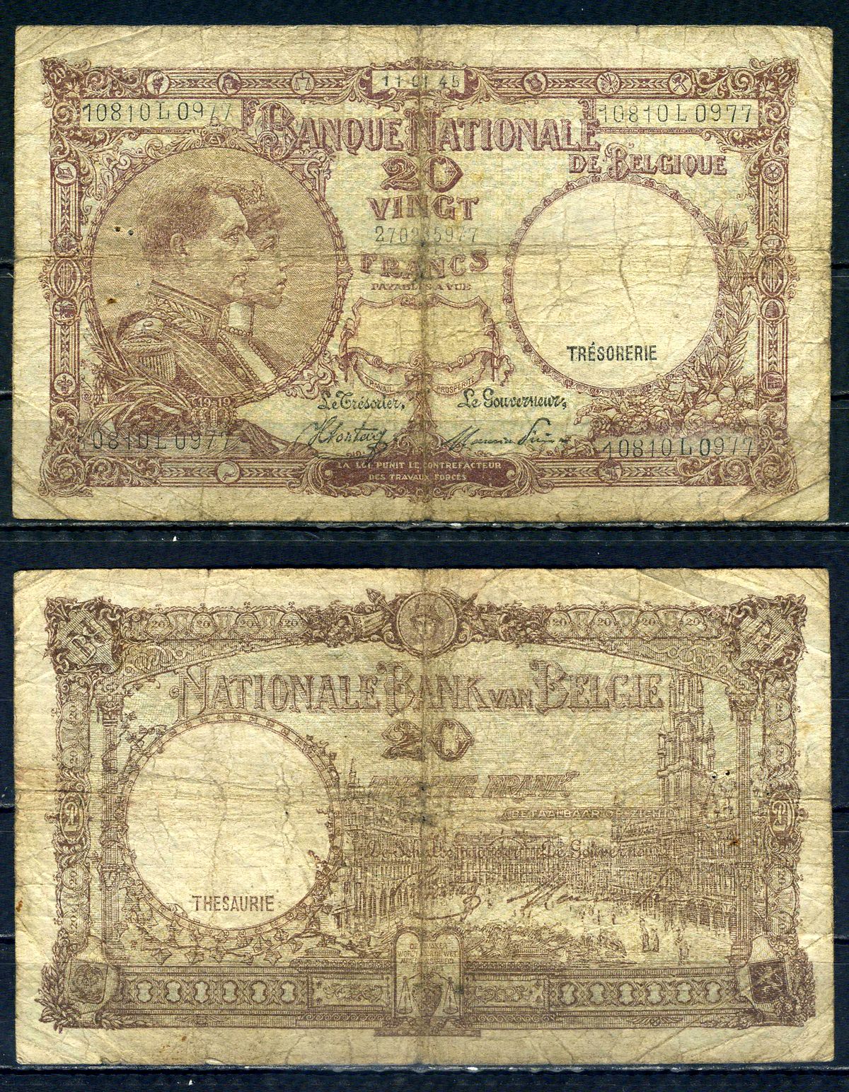 Бельгия 20 франков 1945 11.01.1945, Король Альберт I и его жена Королева Елизавета, Гран-Плас / Гроте Маркт, Брюссель Pick 111 (3) бумага 6301-12-2-2