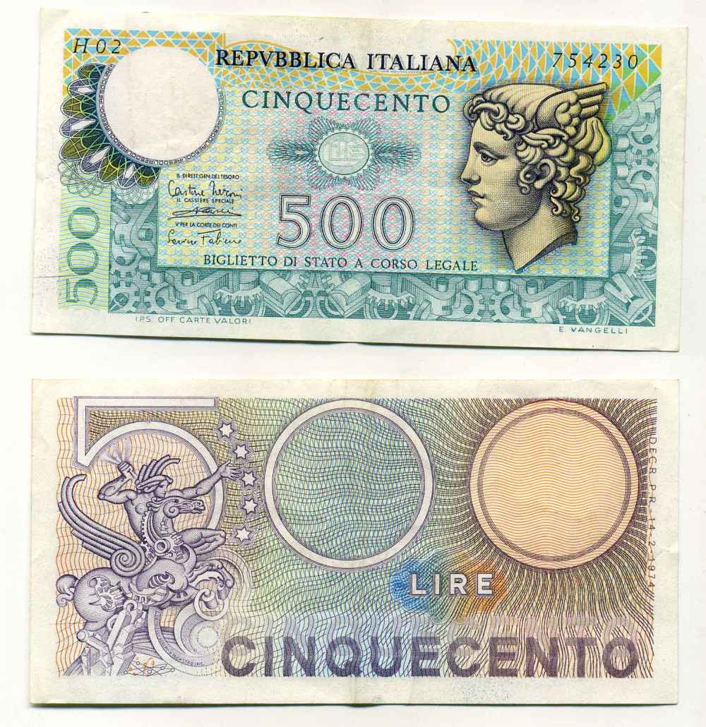 Италия 500 лир 1974 Меркурий Pick 94 бумага 8589-8-2-1