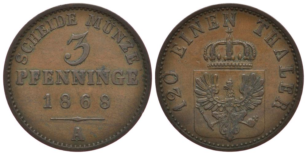 ПРУССИЯ 3 ПФЕННИГА 1868 A, ВИЛЬГЕЛЬМ I (1861-1888) KM 482 медь 186-557