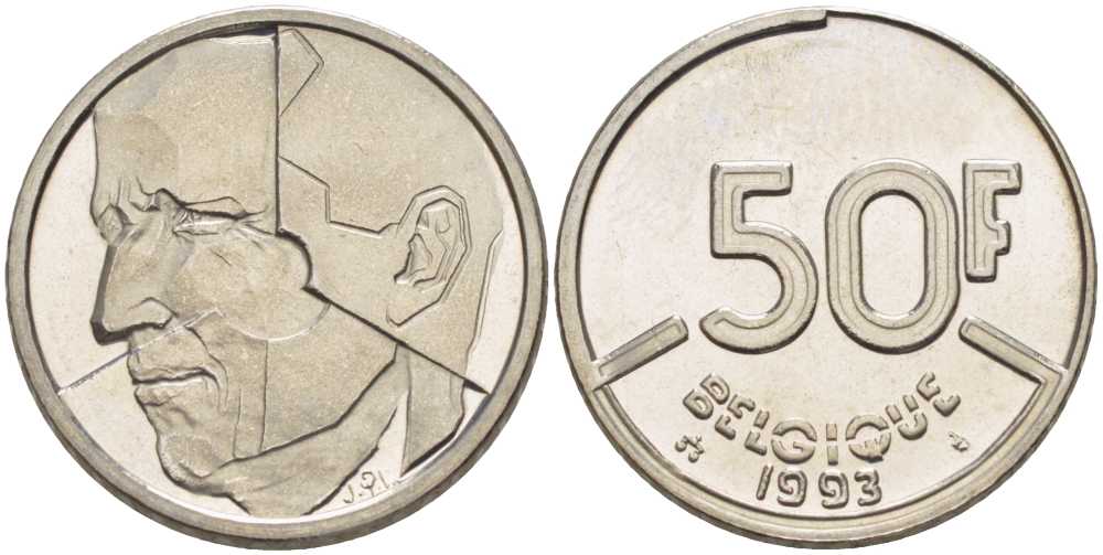 БЕЛЬГИЯ 50 ФРАНКОВ 1993 BELGIQUE, БОДУЭН I (1951-1993) KM 168 никель 210-1011
