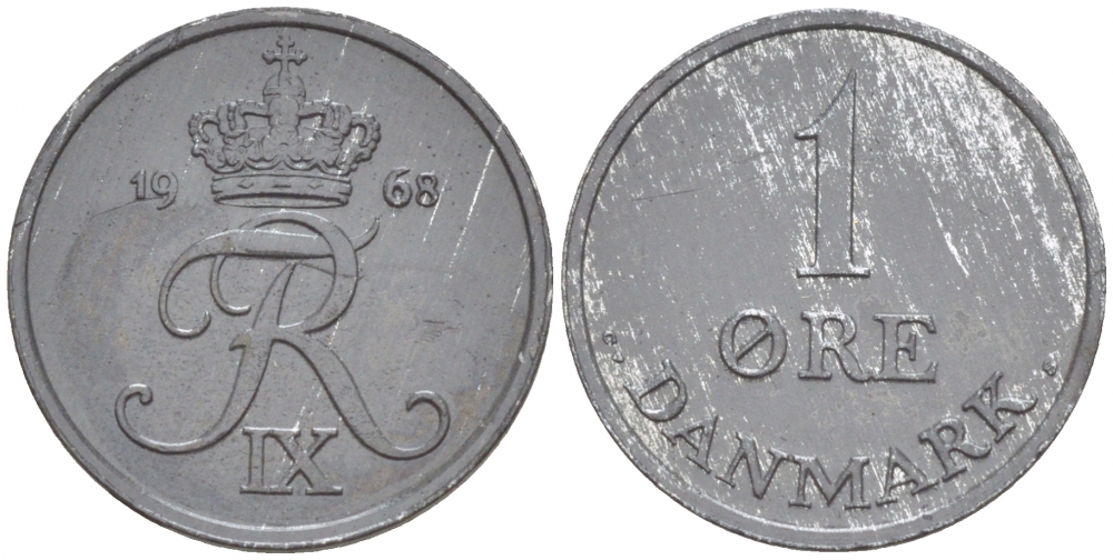 Дания 1 эре 1968 С; S, Фредерик IX (1947-1972) KM 839.2 цинк UNC 4547-1015