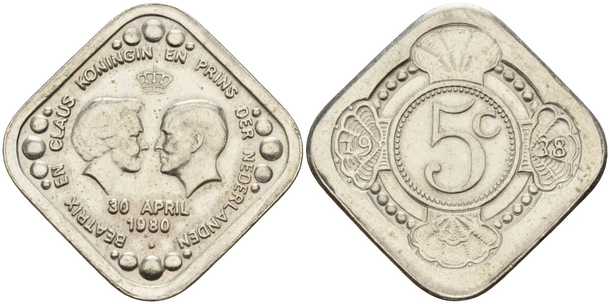 Нидерланды 5 центов 1980 Беатрикс и Клаус - Королева и Принц Нидерландов /портреты лицом друг к другу/ X 7 медь цинк никель 4141-135