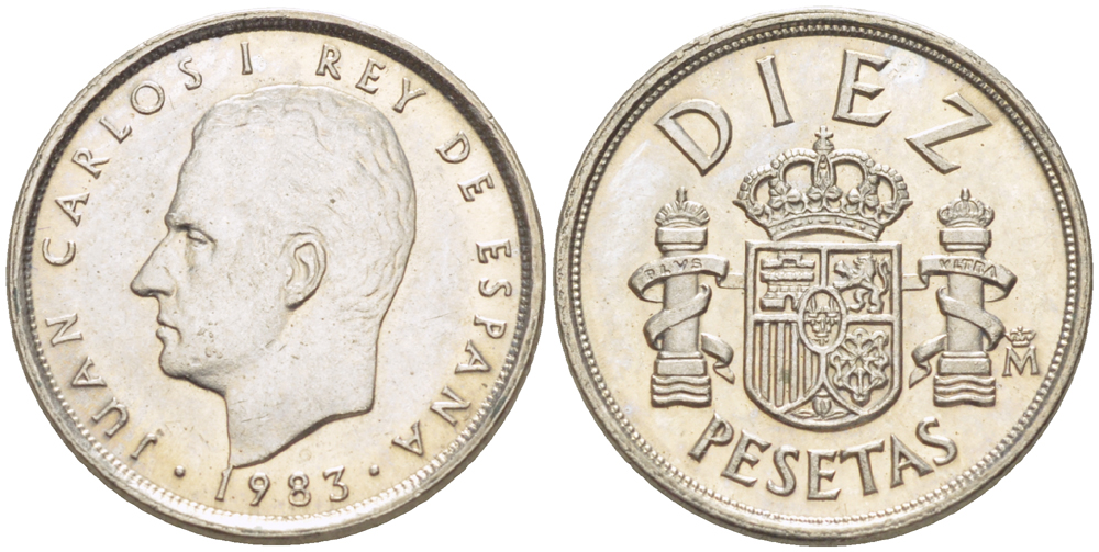 ИСПАНИЯ 10 ПЕСЕТ 1983 ХУАН КАРЛОС I ( 1975-) KM 827 медно-никель XF4181-1039