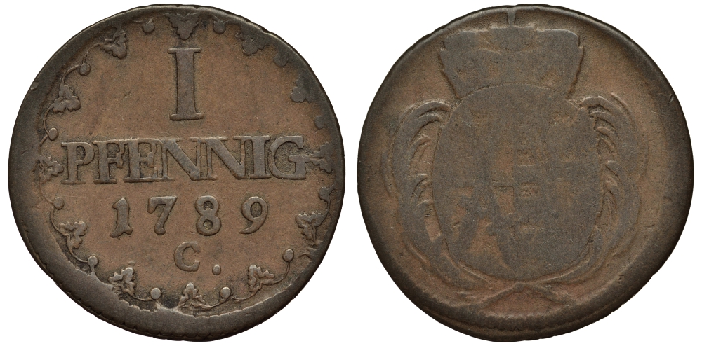 Саксония 1 пфенниг 1789 Фридрих Август III (1763-1806), из коллекции Gerhart Rother KM 1000, Merseb. 2022 медь 413-6642