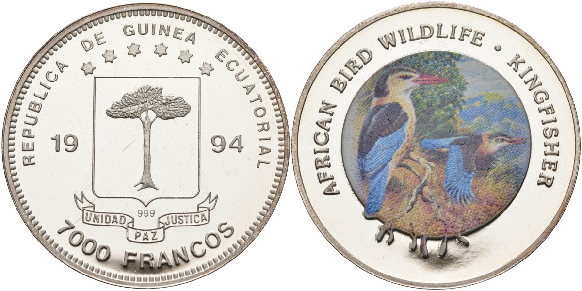 Экваториальная Гвинея 7000 франков 1994 серия защитим наш мир, обыкновенный зимородок, цветная эмаль KM 98 серебро PROOF 11-138-23