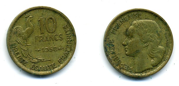ФРАНЦИЯ 10 ФРАНКОВ 1958 KM 915.1 алюминиевая бронза 84-254