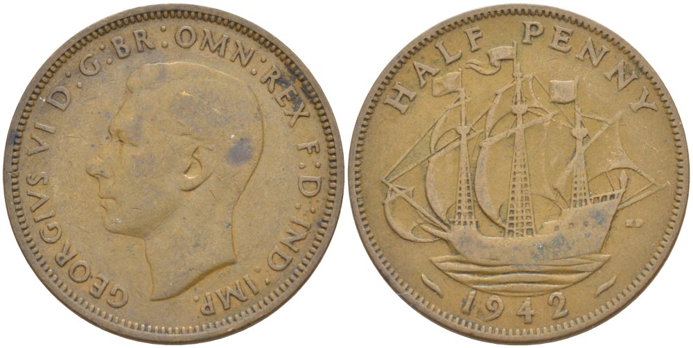 Великобритания 1/2 пенни 1942 Георг VI (1936-1952) KM 844, Spink 4115 бронза 4538-235